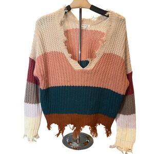 Miracle USA Womens Colorblock Distressed V-Neck Knit Sweater S/M Striped Boho